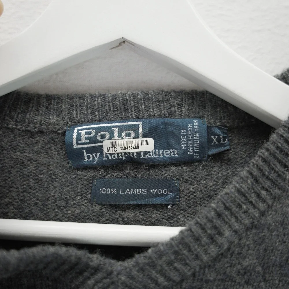 Polo‎ Ralph Lauren Mens XL Charcoal Grey 100% Lambswool V-Neck Pony Logo Sweater